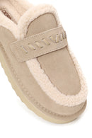 Woman Beige Thick-Soled Fur-Lined Suede Teddy Slipper | Derimod