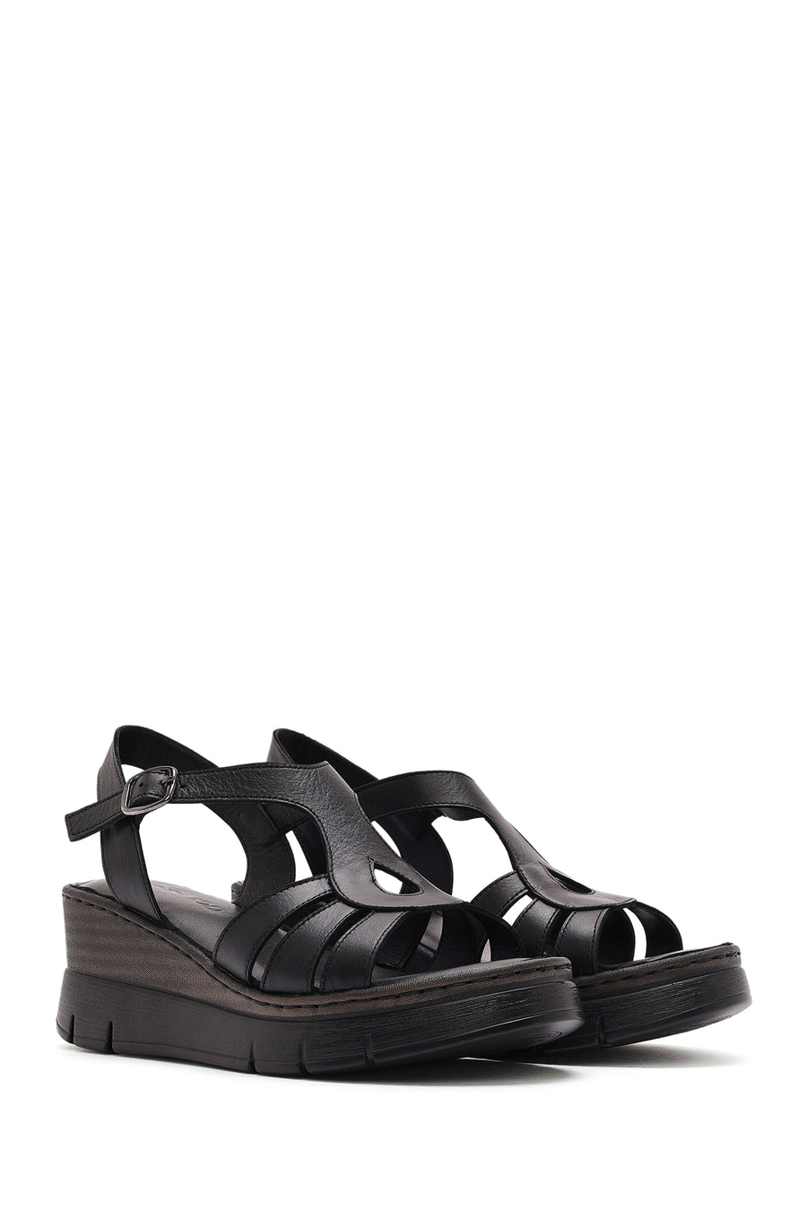 Women's Black Ankle Strap Wedge Heeled Leather Comfort Sandals