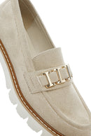 Women's Tan Buckled Suede Masculine Loafer | Derimod