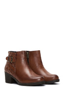 Women's Brown Zippered Buckle Detailed Thick Heeled Leather Boots | Derimod