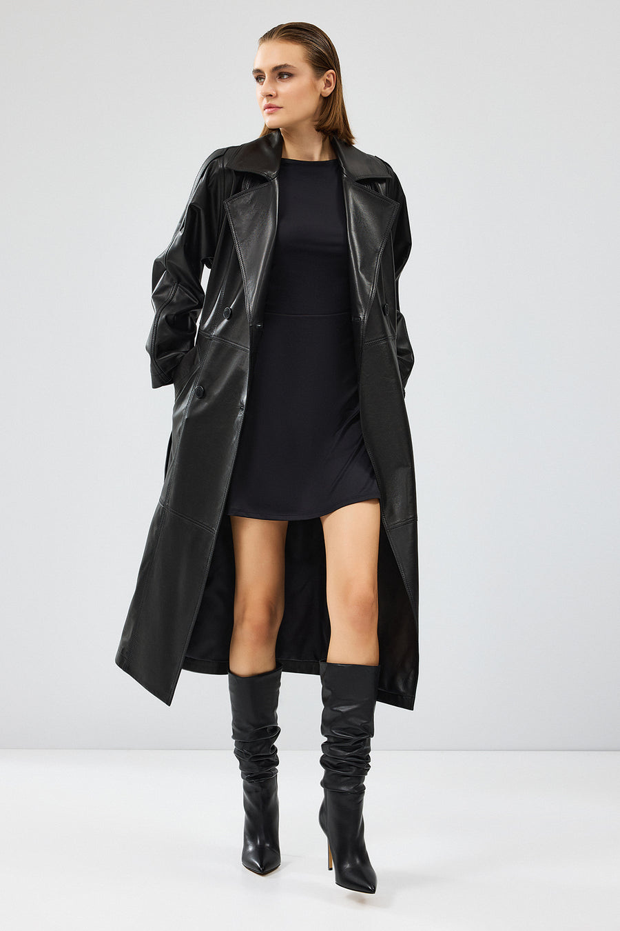 Nicole Women's Black Double Breasted Long Leather Trench Coat