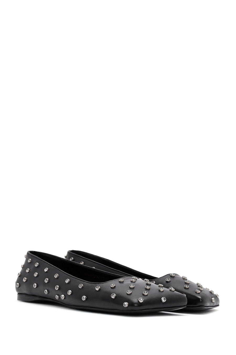 Women's Black Stone Detailed Leather Ballerinas
