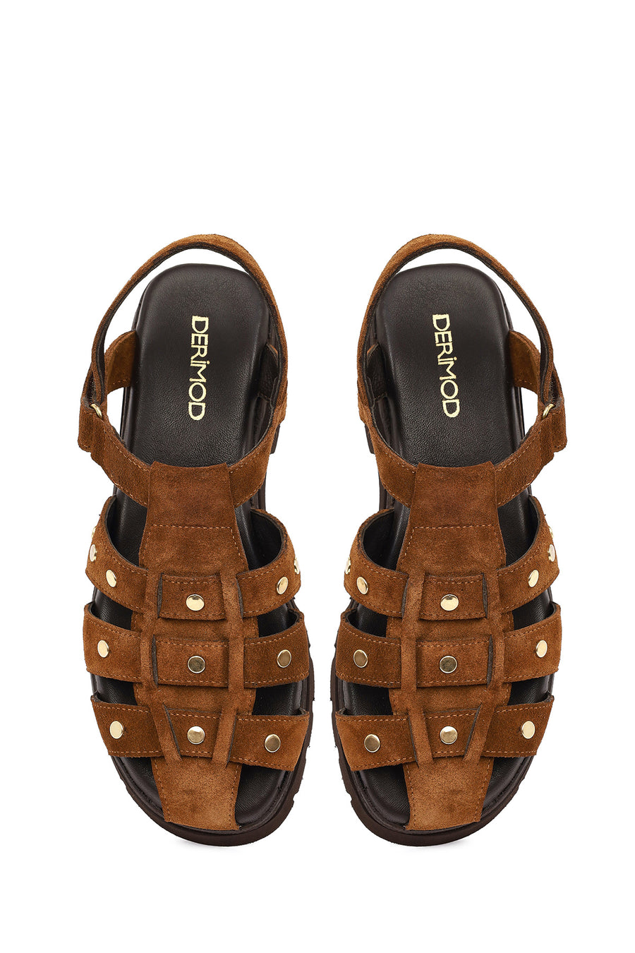 Woman Tan Strappy Thick-Soled Suede Leather Sandals