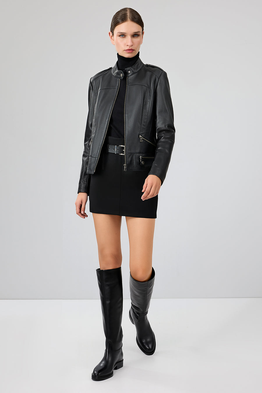 Nora Women's Black Stand Collar Short Leather Jacket