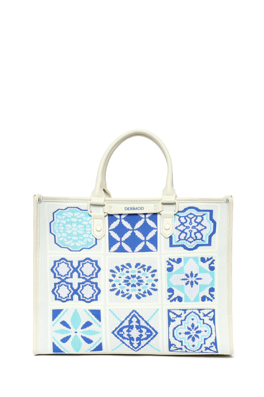 Woman Blue Long Strap Patterned Fabric Shoulder Bag