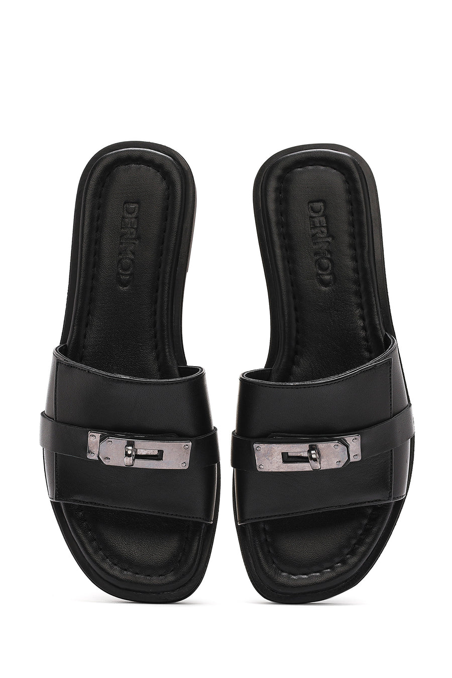 Women's Black Buckle Leather Slippers