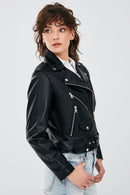 Newage Women's Black Slim-Fit Biker Leather Jacket | Derimod