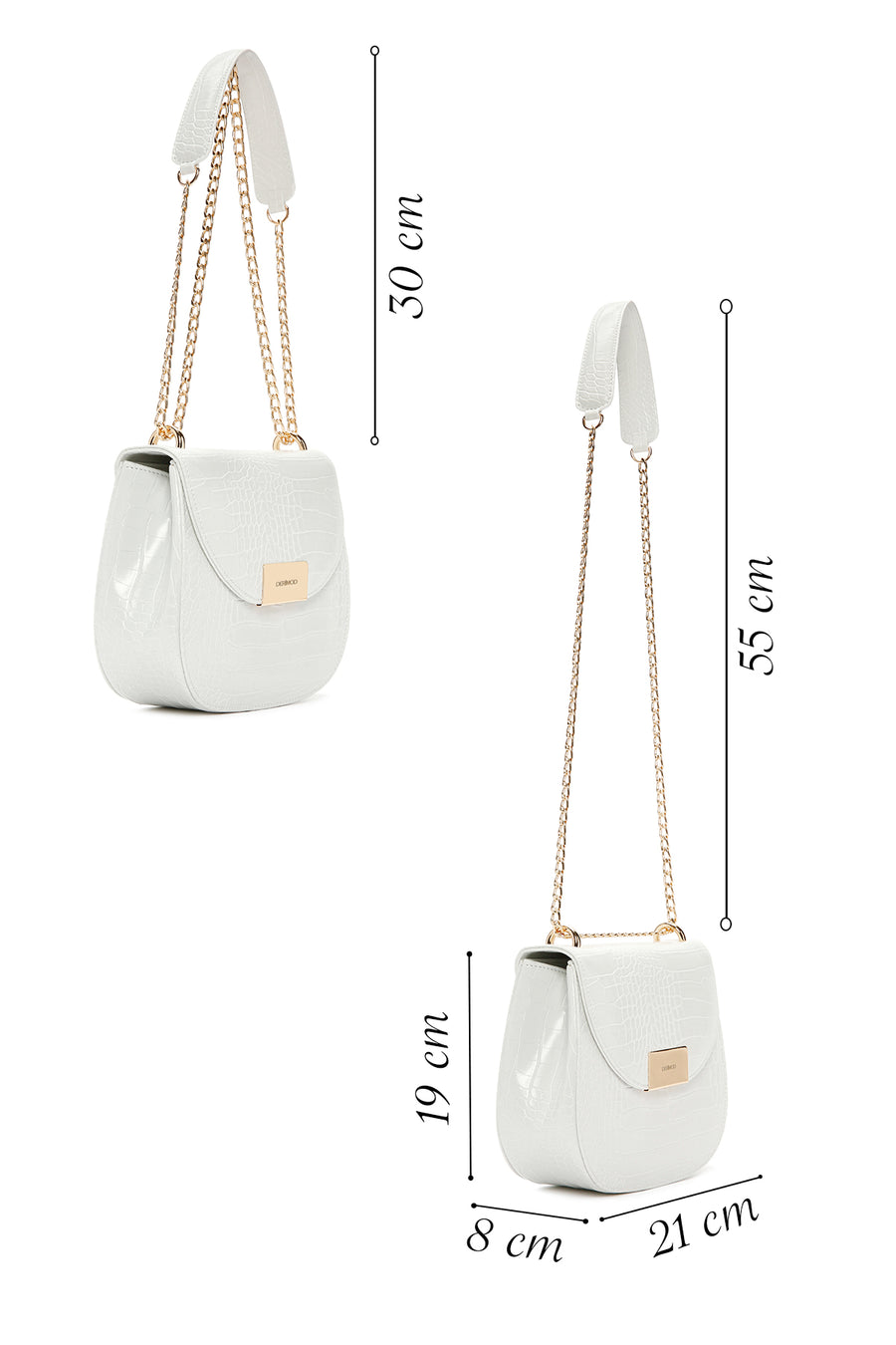 Women's White Long Chain Strap Crocodile Patterned Shoulder Bag