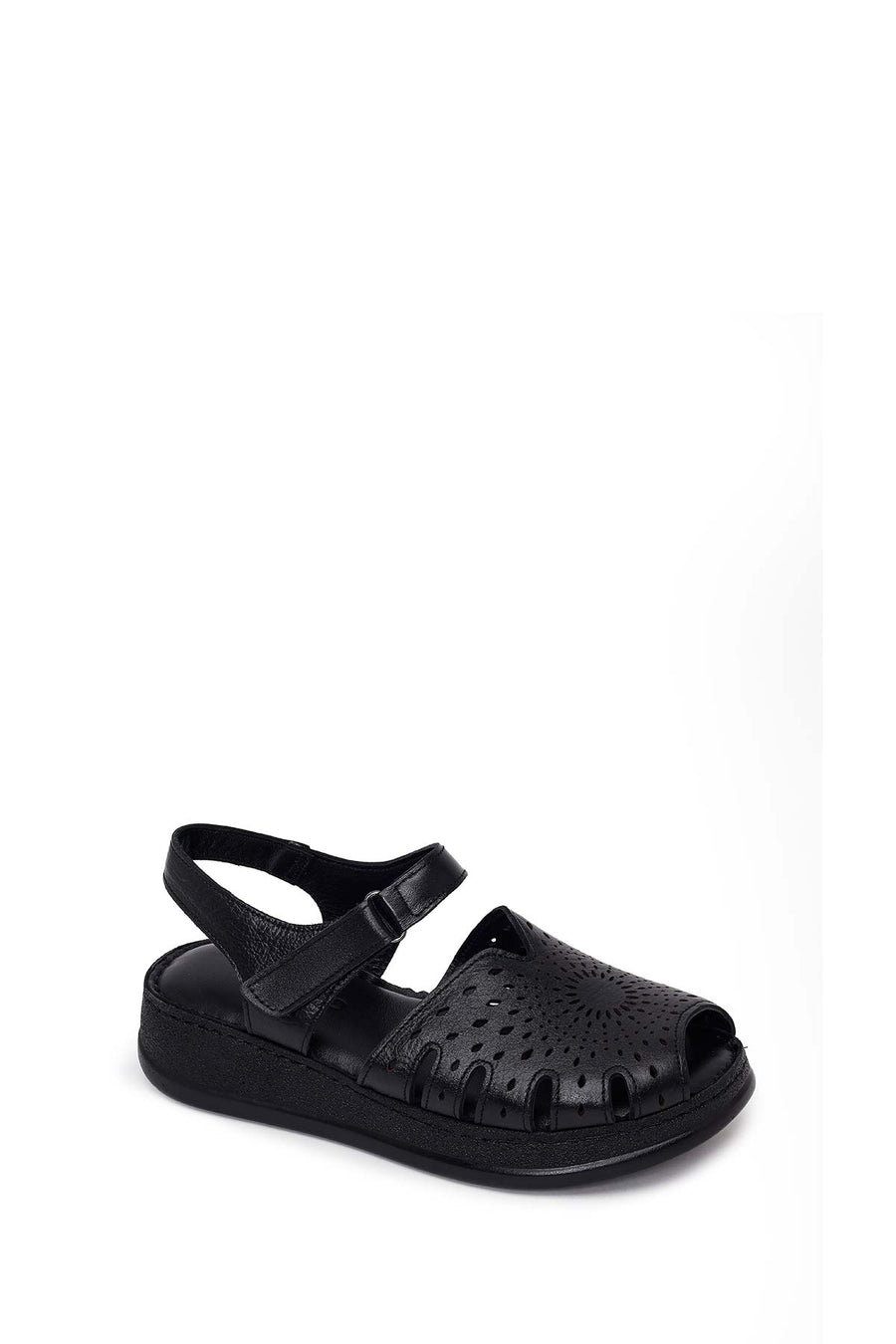 Woman Black Patterned Thick-Soled Leather Comfort Sandal