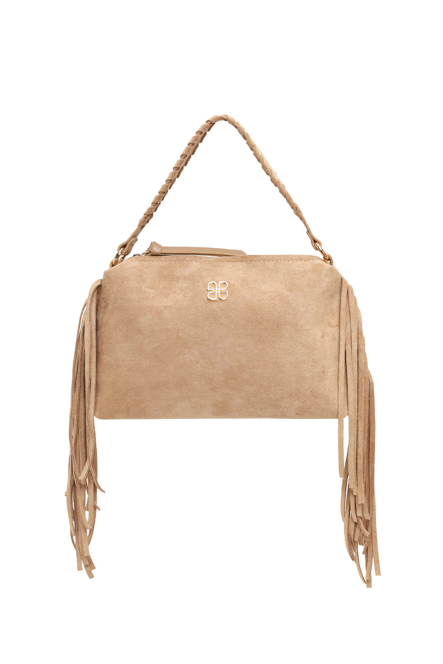Woman Beige Suede Shoulder Bag with Long Chain Strap and Tassel