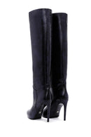 Women's Navy Blue Leather Thin Heeled Boots | Derimod