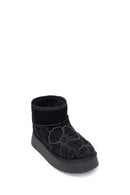Woman Black Patterned Chunky Sole Suede Teddy Boots | Derimod