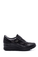 Women's Black Leather Stone Wedge Heeled Comfort Shoes | Derimod