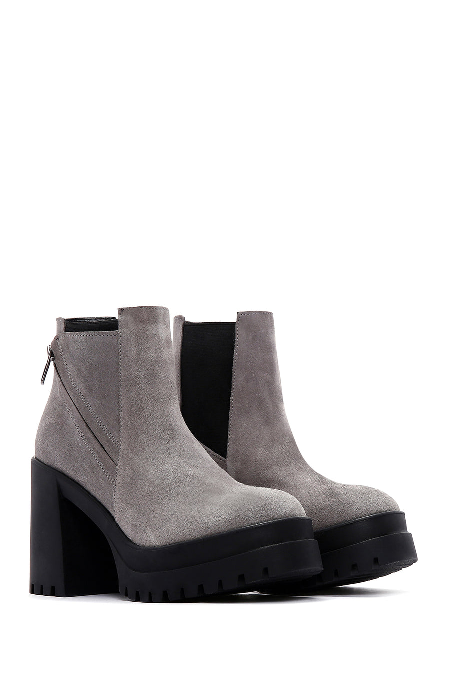 Women's Gray Suede Leather High Heeled Platform Boots