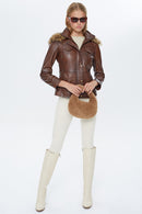 Vera Women's Brown Hooded Leather Coat | Derimod