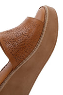 Women's Tan Wedge Heeled Leather Comfort Slippers | Derimod