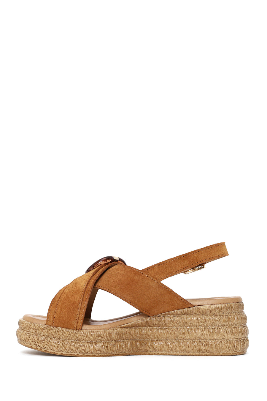 Woman Tan Buckled Wedge-Heel Suede Sandal