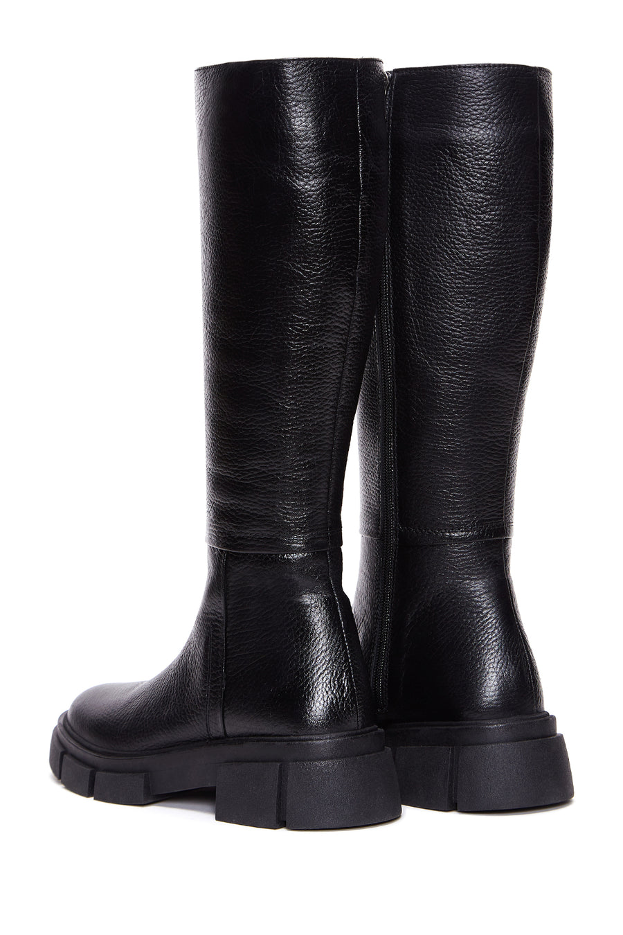 Women's Black Leather Zippered Thick Soled Boots