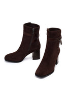 Woman Brown Zip Closure Chunky Heeled Suede Boots | Derimod