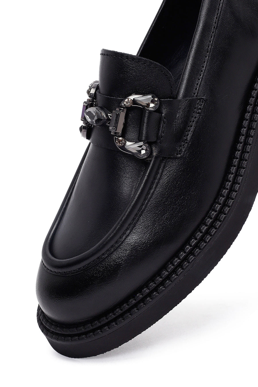 Woman Black Buckled Leather Masculine Loafer