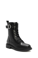 Women's Black Zipper Lace-Up Combat Boots | Derimod