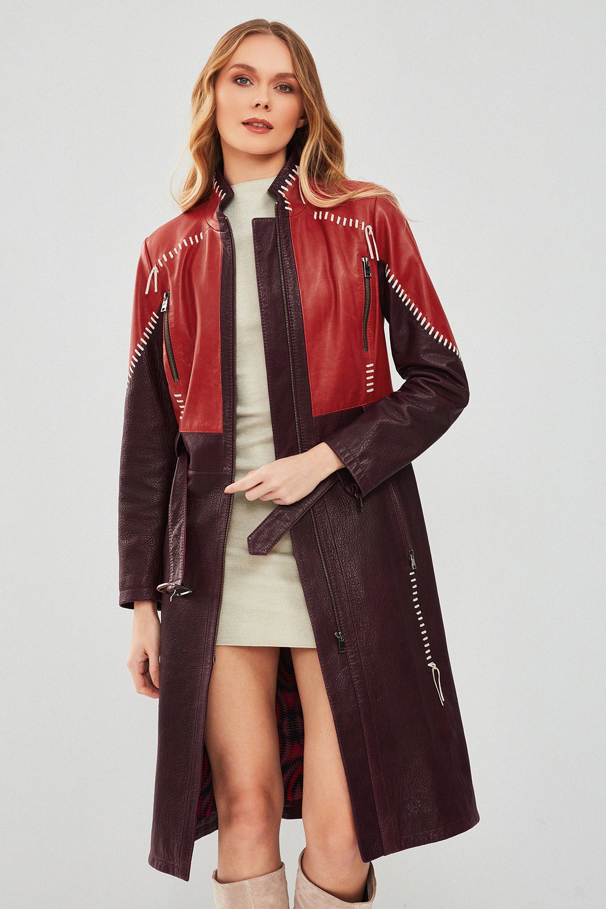 Carmen Women's Burgundy Leather Trench Coat 23WGD5159AL | Derimod