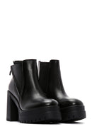 Women's Black Zippered Thick Heeled Leather Boots | Derimod