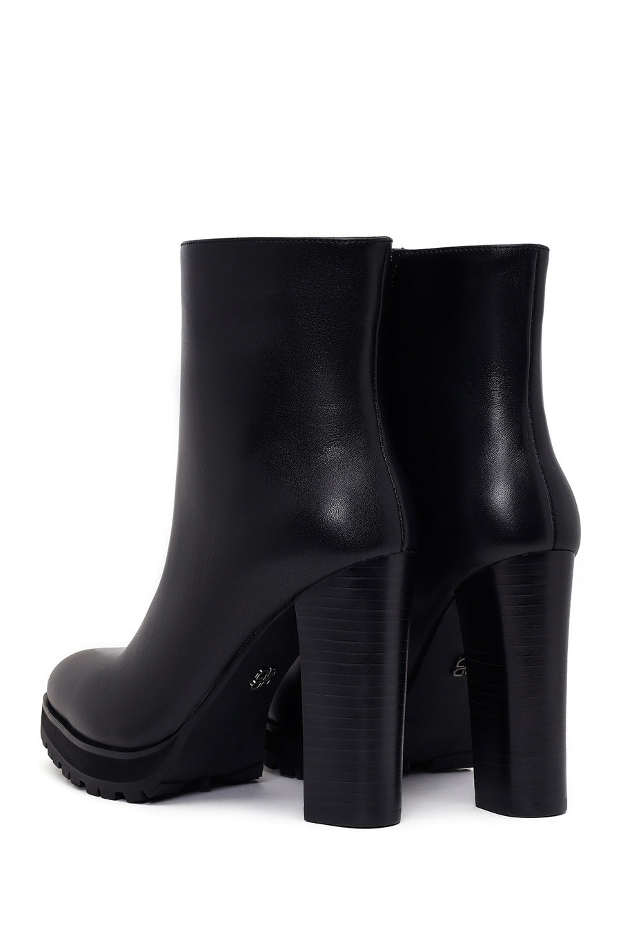 Woman Black Zip Closure High Thick-Heeled Leather Boots