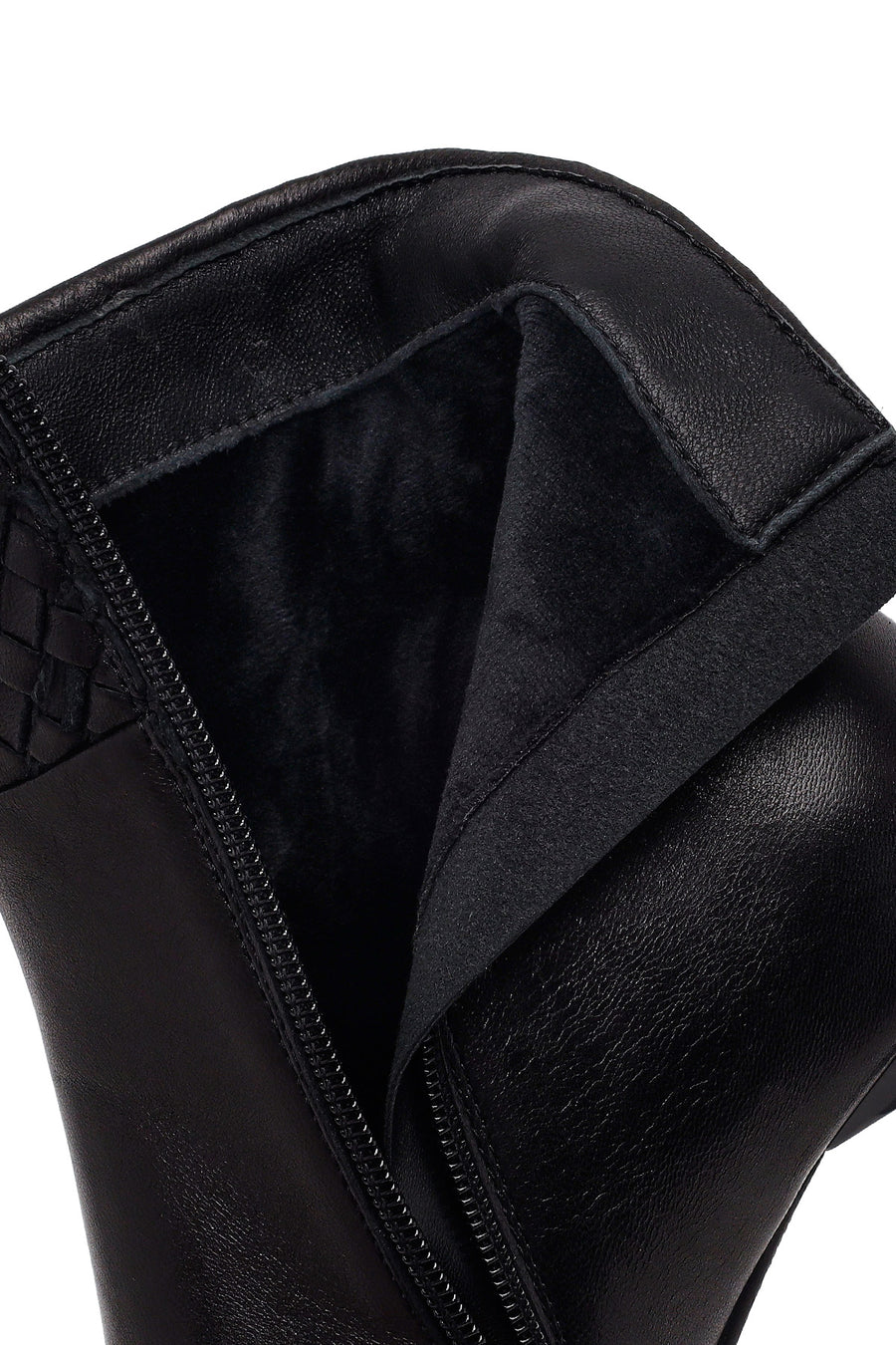 Woman Black Zip Closure Braided Thin-Heeled Leather Boots