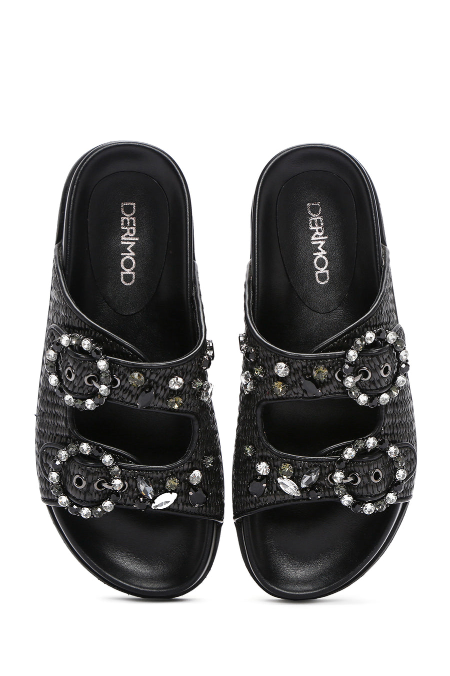 Women's Black Straw Stone Slippers