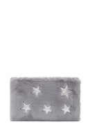 Women's Gray Long Chain Strap Star Pattern Plush Clutch Bag | Derimod