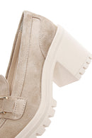 Women's Beige Suede Leather Heeled Loafer | Derimod