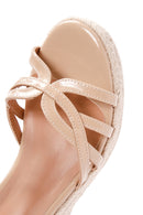 Women's Beige Ankle Strap Wedge Heels Patent Leather Espadrille | Derimod