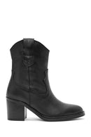 Women's Black Thick Heeled Leather Cowboy Boots | Derimod