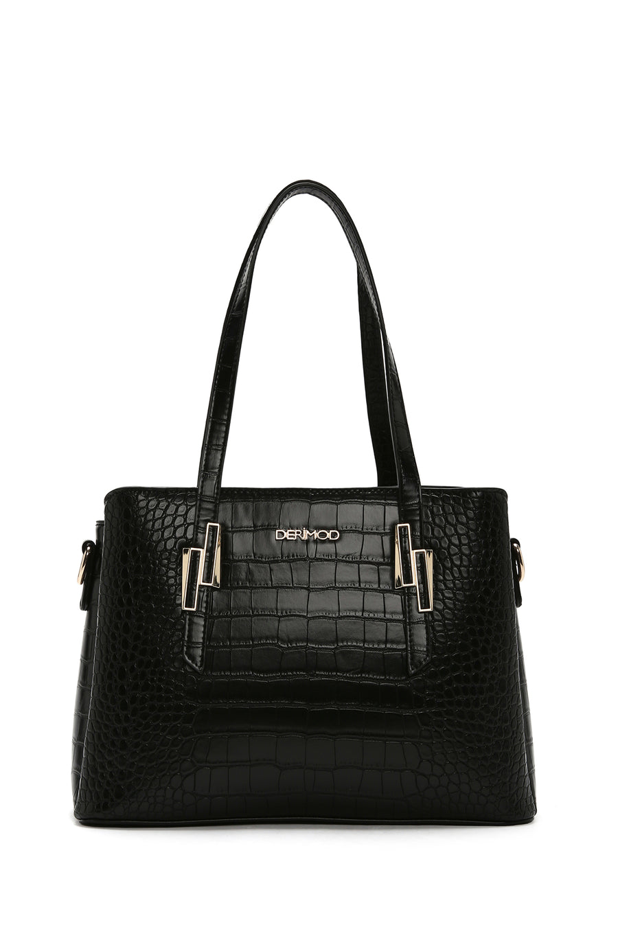Woman Black Long-Strap Crocodile-Embossed Shoulder Bag