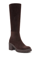 Women's Brown Zippered Chunky Heel Suede Leather Boots | Derimod