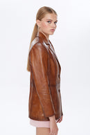 Barbara Women's Camel Long Leather Jacket | Derimod