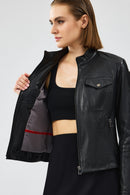 Gigi Women's Black Short Leather Jacket | Derimod