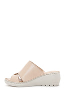 Women's Beige Leather Wedge Heel Comfort Slippers | Derimod