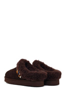 Woman Brown Stone-Embellished Suede Teddy Slipper | Derimod