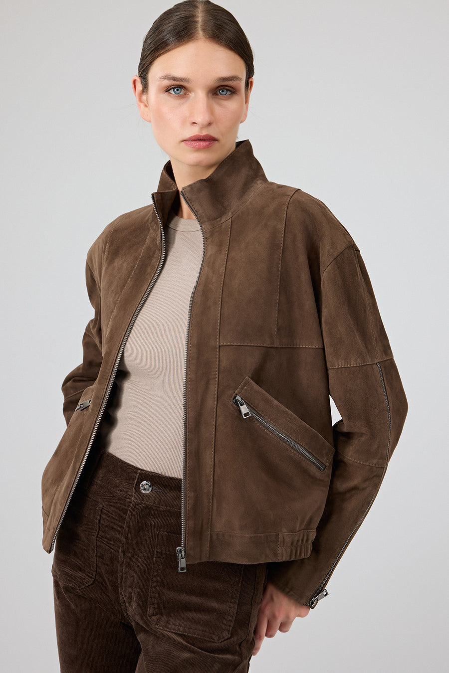 Gina Women's Brown Stand Collar Oversize Short Suede Leather Jacket