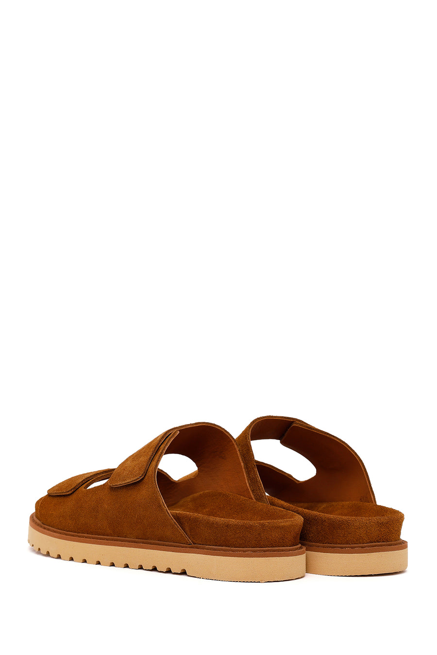 Women's Tan Double Buckle Suede Leather Slippers