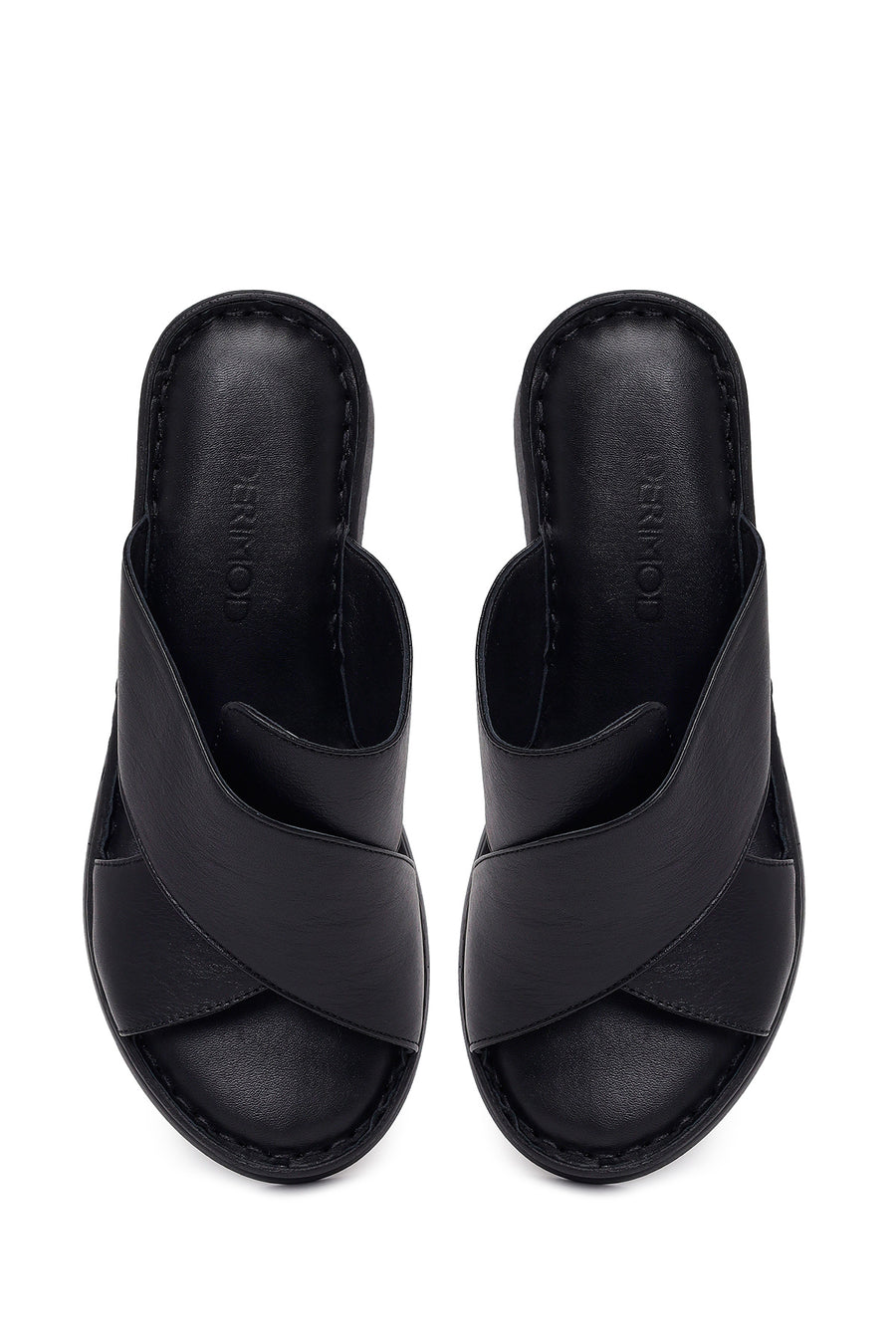 Women's Black Thick Soled Leather Comfort Slippers