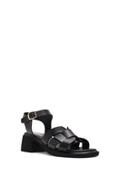 Women's Black Ankle Buckle Low Heeled Leather Sandals | Derimod