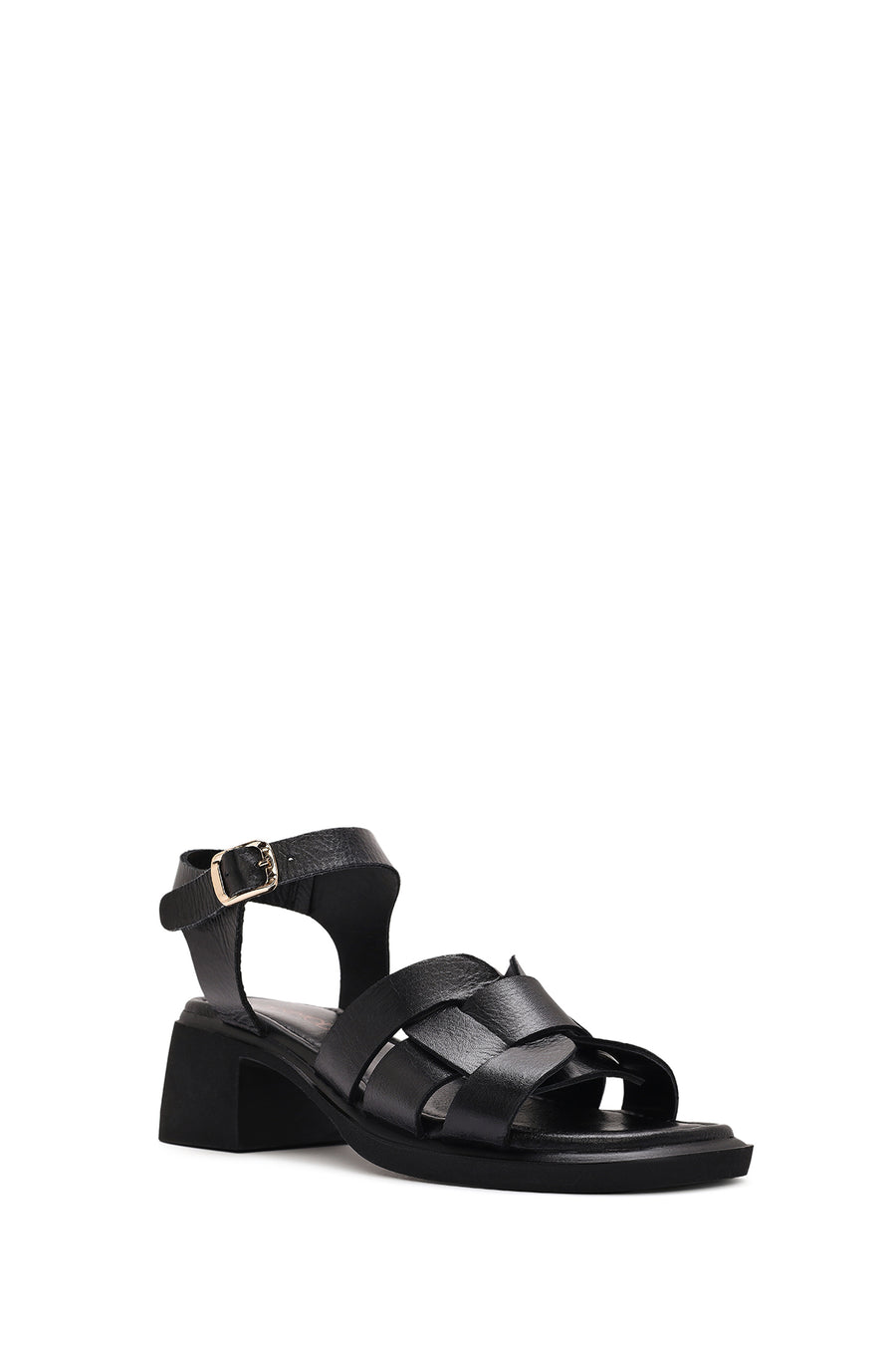 Women's Black Ankle Buckle Low Heeled Leather Sandals