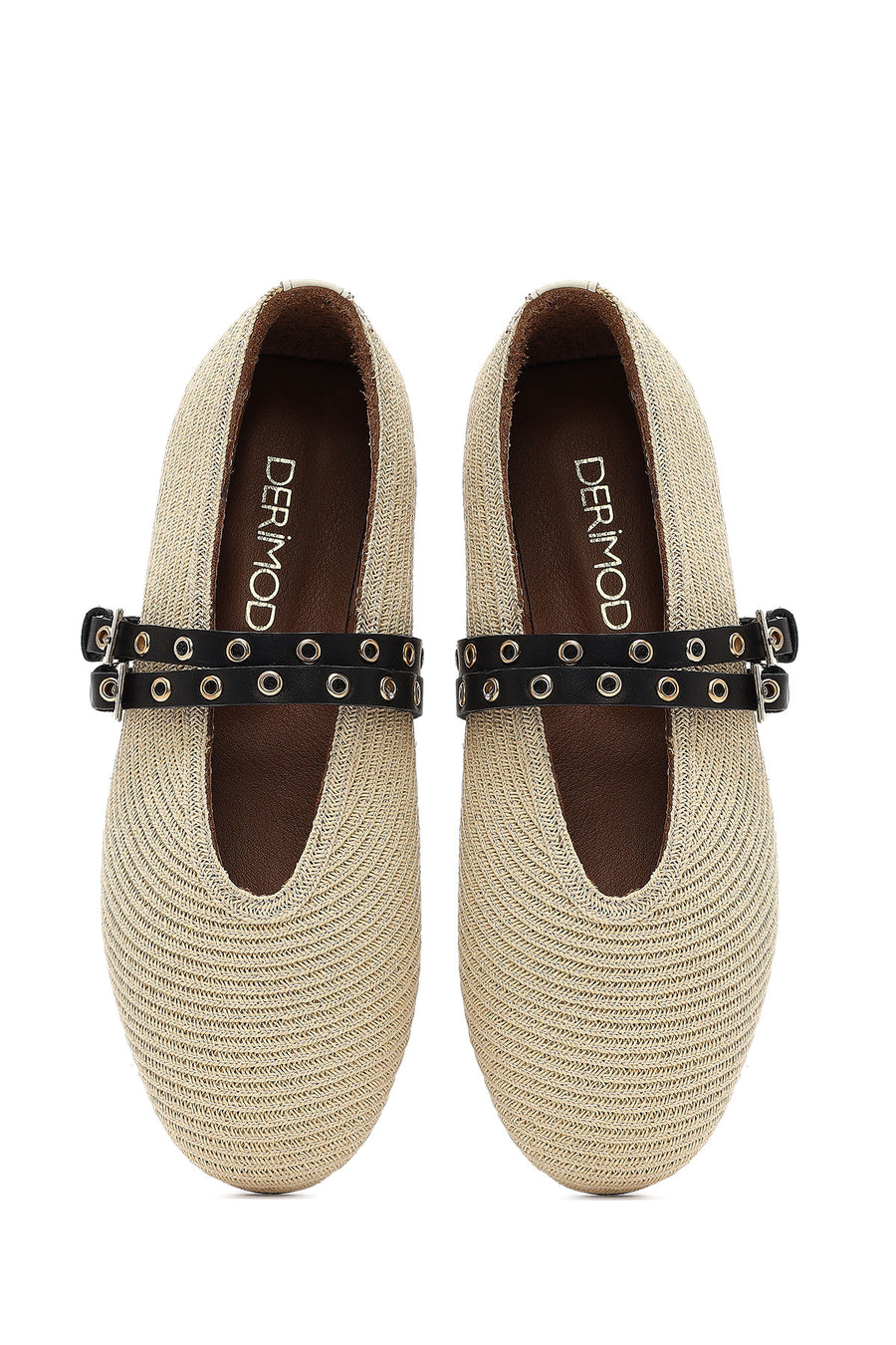 Women's Beige Double Buckled Straw Leather Ballerinas
