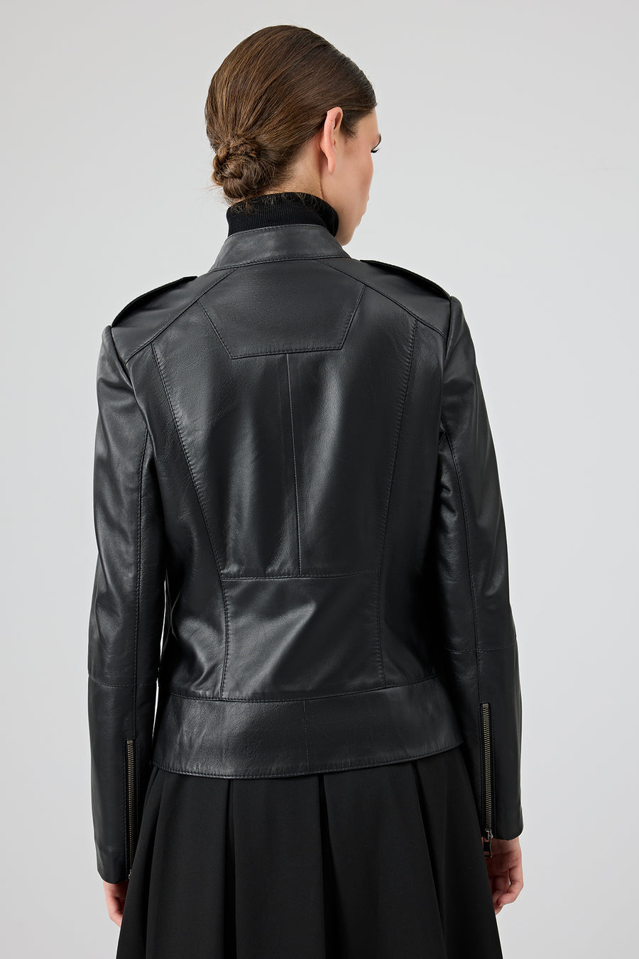 Nora Women's Black Stand Collar Short Leather Jacket