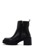 Women's Black Short Thick Heeled Zippered Leather Classic Boots | Derimod