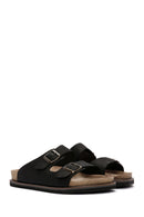 Men's Black Buckle Detailed Nubuck Leather Slippers | Derimod