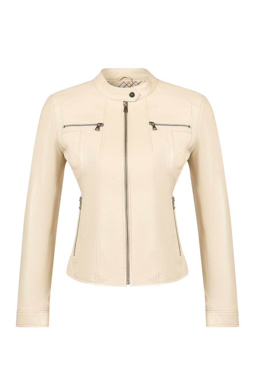 Marlyn Woman Beige Stand Collar Short Leather Jacket